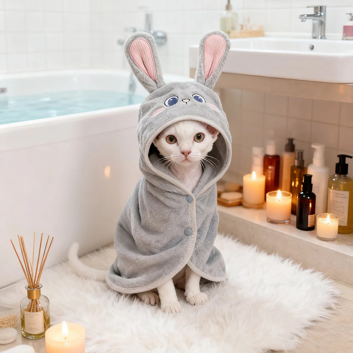 PETCIRCLE Pet dog dog cat bath towel cute small dog cute cartoon gray rabbit purple bathrobe
