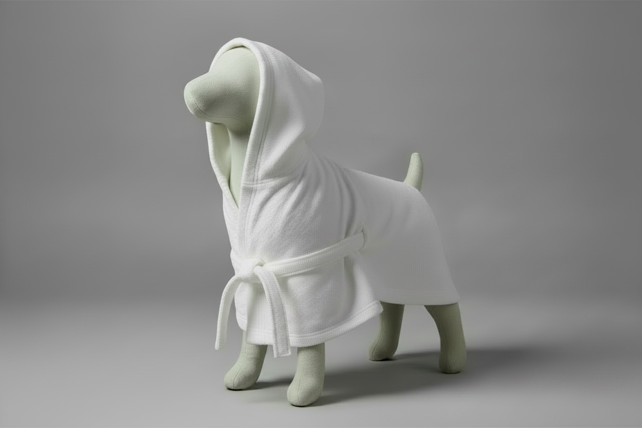 Dog bathrobe light grey bright studio